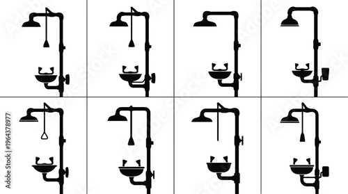 Silhouette Collection of Safety Showers and Eyewash Stations Keywords: safety shower, eyewash station, emergency equipment, industrial safety, laboratory safety, chemical safety, safety equipment