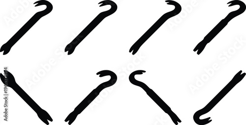 Black Silhouettes of Crowbars in Different Orientations and Angles Keywords: crowbar, pry bar, lever, tool, construction tool, demolition tool, industrial tool, salvage tool, metal tool, hand tool
