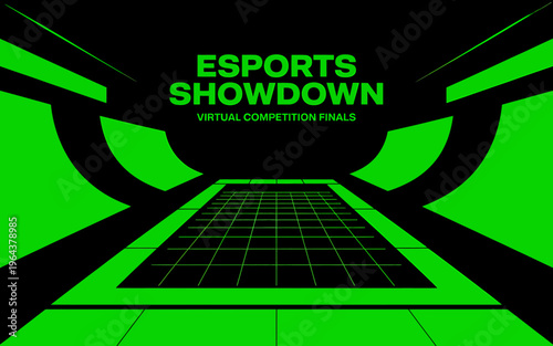 Esports showdown virtual competition finals green neon futuristic stage  electronic sports event