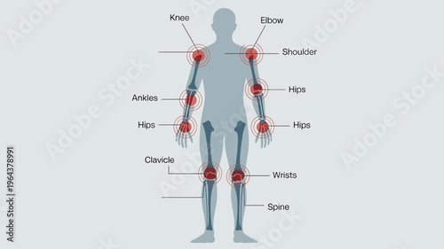 Human body skeletal system with labeled joints and bones