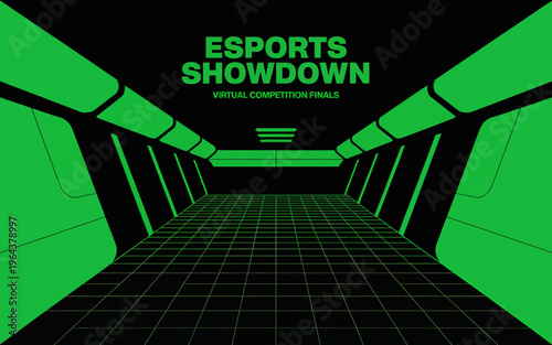 Esports showdown virtual competition finals green neon futuristic hallway corridor with grid floor