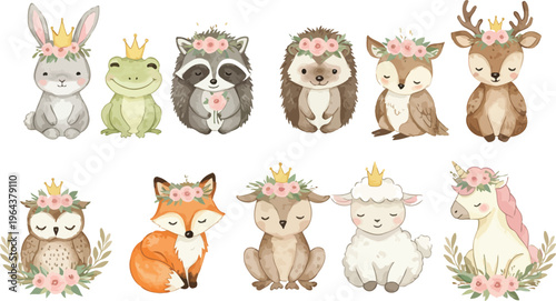 Whimsical forest animals with floral crowns and flowers in a watercolor illustration