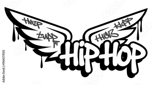Graffiti style hip hop music graphic with wings and text