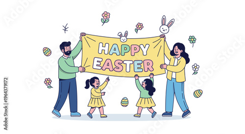 Joyful family celebrating Happy Easter with a festive banner, parents and two daughters, surrounded by colorful eggs and cute bunnies, spring holiday illustration.