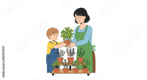Mother and son bonding through gardening, exchanging a potted herb plant, fostering a love for nature and plant care in a heartwarming illustration.