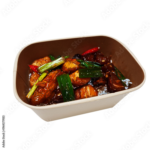 Hand-painted exquisite Sweet and Sour Chicken Bento with Pickled Sweet Potato, rice balls, and chopsticks on a dining table, isolated on a transparent background.