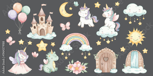 Whimsical fantasy illustration of unicorns and magical objects in a dreamy atmosphere with pastel colors and stars