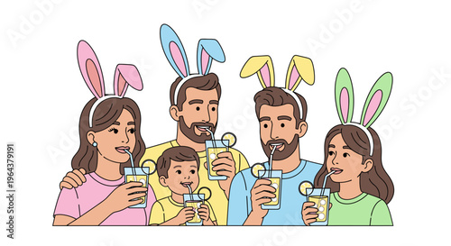 Joyful family portrait celebrating spring or Easter, wearing festive bunny ears and enjoying refreshing lemonade drinks on a white background.