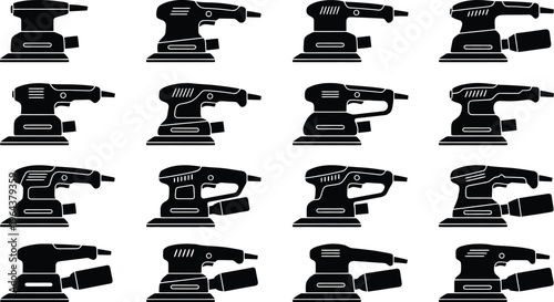 Sixteen black and white silhouette icons of random orbital sanders with dust collection bags Keywords: random orbital sander, power tool, woodworking tool, finishing tool, tool icon, silhouette