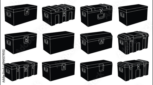 Twelve black and white silhouette icons of various types of storage chests and trunks Keywords: chest, trunk, storage box, container, box, storage, furniture, antique, vintage, travel, luggage