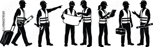 Professional Construction Personnel Silhouette Set Featuring Architects Engineers and Builders with Blueprints Tools Safety Gear and Travel Luggage for Industry Projects