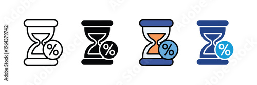 Hourglass with percent symbol for limited time discount, promotional offer countdown and seasonal sale icon set. Waiting time for deals symbol. Vector Illustration.