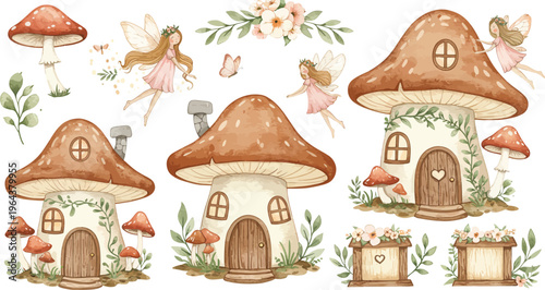 Whimsical illustration of fairy tale mushroom houses and forest creatures in a magical setting with flowers and trees