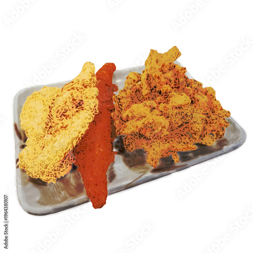 Hand-painted Tempura platter with fried vegetables, crab stick, and hairtail fish on a patterned plate, isolated on transparent background.