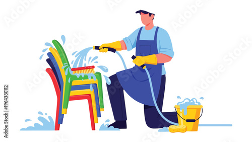 Refreshing Clean: A dedicated worker meticulously cleans a stack of vibrant chairs with a water hose, showcasing a commitment to cleanliness and attention to detail. 