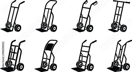 Set of Black Silhouette Icons for Hand Trucks and Dollies in Different Configurations dolly trolley