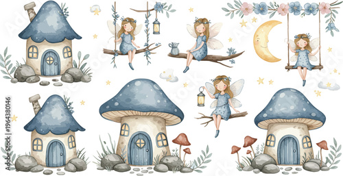 Whimsical illustration of fairy tale mushroom houses and children at play outside in a fantasy setting