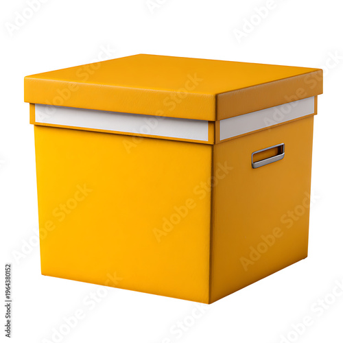 A bright yellow filing box with a handle sits on a plain surface