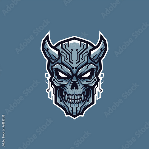 Gray Skull with Horns and Circuits.