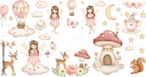 Whimsical fantasy illustrations of fairy tale creatures and magical objects in soft pastel colors and dreamy scenery