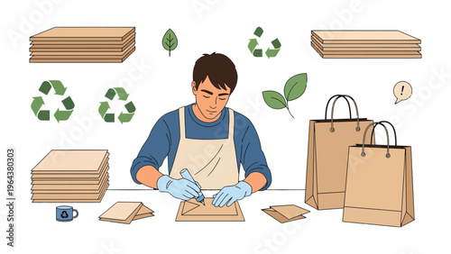 Eco-Friendly Craft: A craftsman meticulously works on eco-friendly paper packaging, surrounded by symbols of sustainability and environmental responsibility.