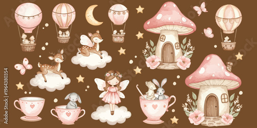Whimsical fantasy illustrations of fairy tale mushrooms hot air balloons and magical objects in soft colors