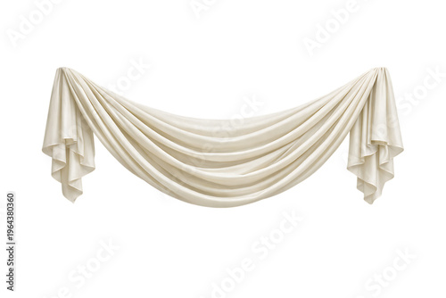 Elegant cream silk fabric swag curtain for interior design window treatment luxury theater stage wedding backdrop drape textile decoration smooth shiny isolated on transparent background