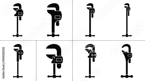 Set of Black Silhouettes of Adjustable Pipe Wrenches in Different Poses and Sizes adjustable wrench tool