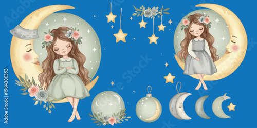 Whimsical illustration of girls in moon phases with stars and flowers