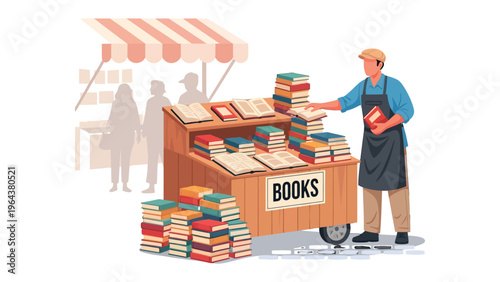 Bookstall's literary display: A bustling scene at a vibrant bookstall, showcasing a curated collection of literature under a striped awning. The proprietor, meticulously arranges the volumes.