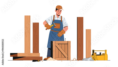 Crafting Creations: A skilled carpenter meticulously works on a wooden frame, hammering with precision and focus, embodying the art of craftsmanship.