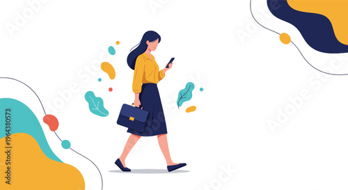 Successful businesswoman carrying briefcase and walking while checking messages on her smartphone against abstract background.