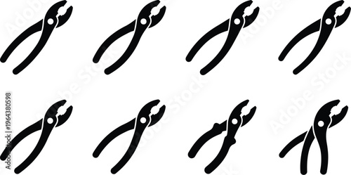 Set of eight black silhouette icons of pliers in various angles and open/closed positions on a white background