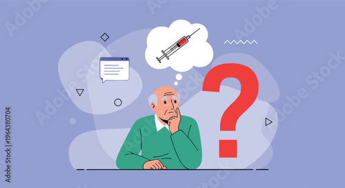 Senior man looking thoughtful and considering a medical vaccination with a syringe shown in a thought bubble near him for safety.