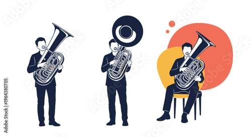 Male musicians playing large brass instruments including tuba and sousaphone in various performing and sitting poses.