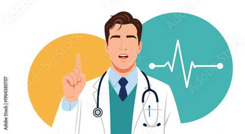 Confident male doctor in a white lab coat points upward while standing in front of a turquoise circle featuring a medical heartbeat icon.