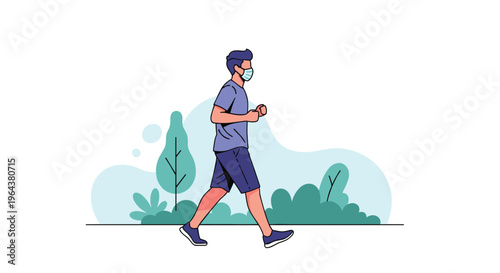 Active man jogging through a park while wearing a protective face mask for health safety during his outdoor morning exercise.