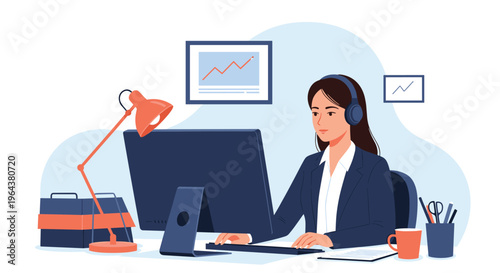 Professional businesswoman wearing headset while working on a computer at her desk in a modern corporate office.