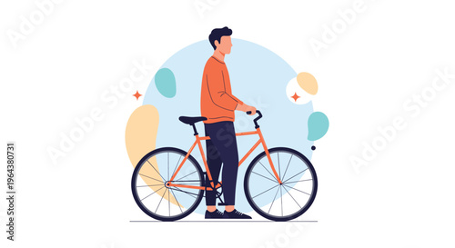 Young man standing with an orange bicycle against an abstract background of colorful shapes and circles for a modern design.