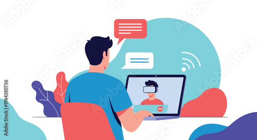 Man sitting at a desk and watching a video of a person using a virtual reality headset through his laptop for remote learning.