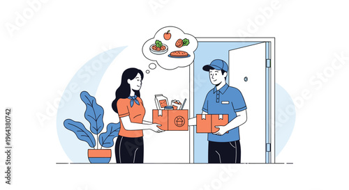 Friendly delivery courier in a blue uniform delivering a heavy box of groceries to a woman at her home doorway for service.