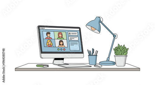 Modern home office workspace featuring a computer screen showing a remote video conference with four participants.