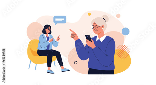 Elderly woman interacts with a younger person using a smartphone device while sitting in a comfortable armchair in a stylized setting.