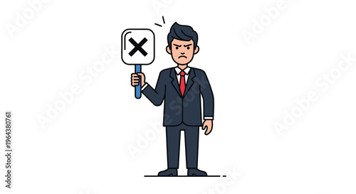 Displeased businessman in a dark suit holds up a sign with a black cross to express rejection, disagreement, or negative feedback.