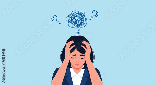 Stressed woman in a blue jacket holds her head in frustration with tangled thought bubbles and question marks floating above her.