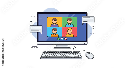 Computer monitor displays a group video conference call with four distinct user icons representing a remote team meeting or virtual event.