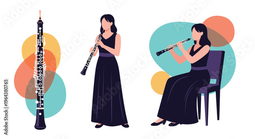 Professional female musicians play the oboe in various standing and sitting positions wearing elegant long black dresses for a concert.