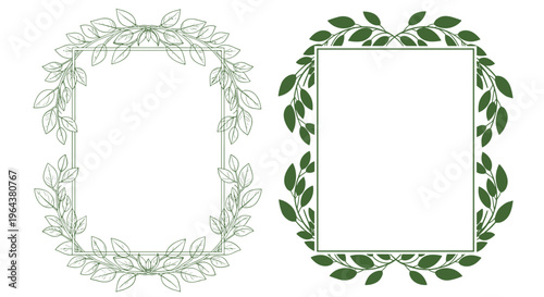 Elegant set of two rectangular floral frames decorated with green leaves features one detailed outline and one solid colored design.
