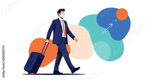 Professional businessman wearing a protective face mask and formal suit pulls his luggage while traveling for work during the pandemic.