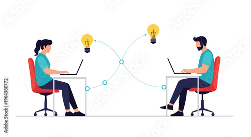 Man and woman working on their laptops exchange ideas represented by lightbulb icons connected by dotted lines in a collaborative space.